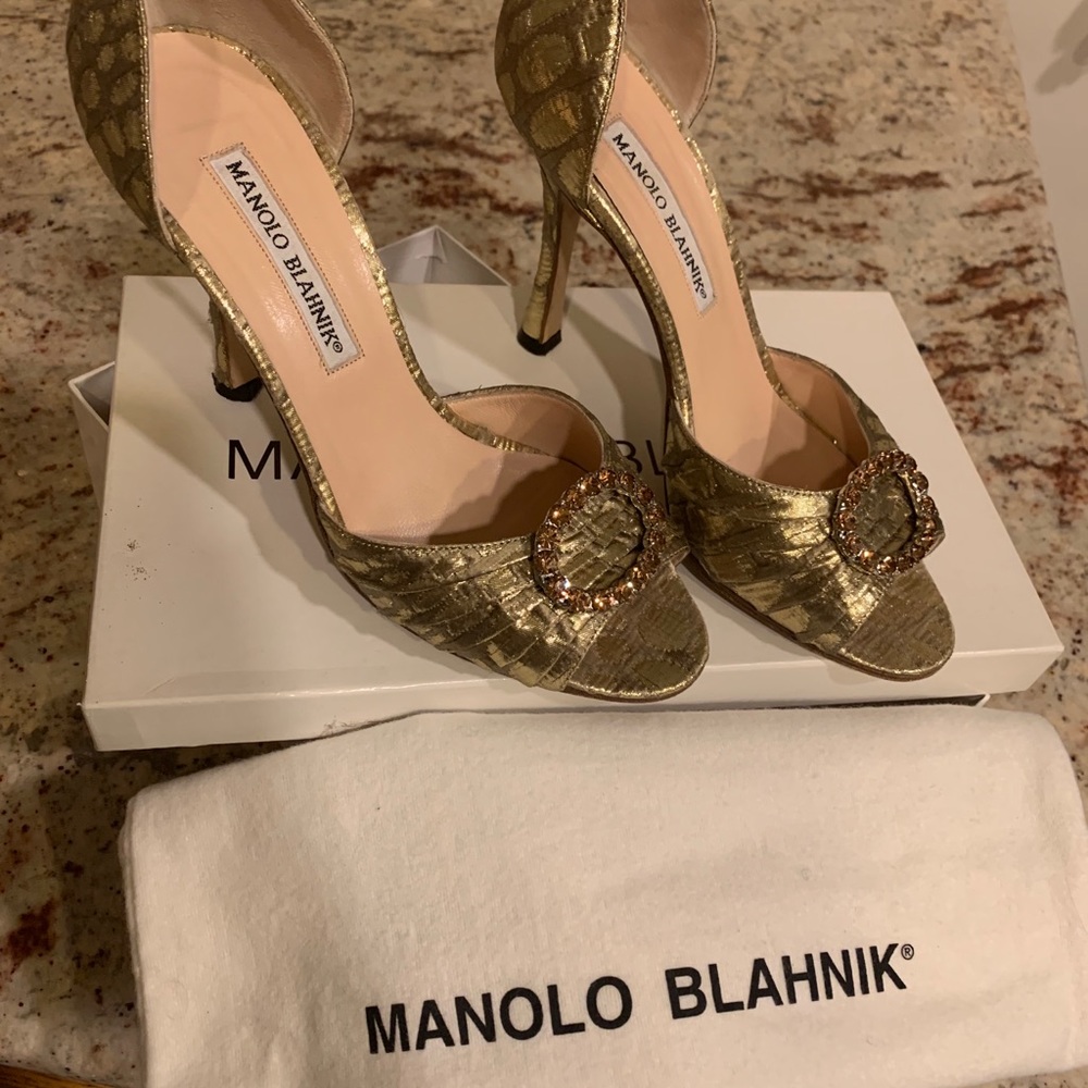 Manolo Blahnik Gold Embellished Open Toe Pump